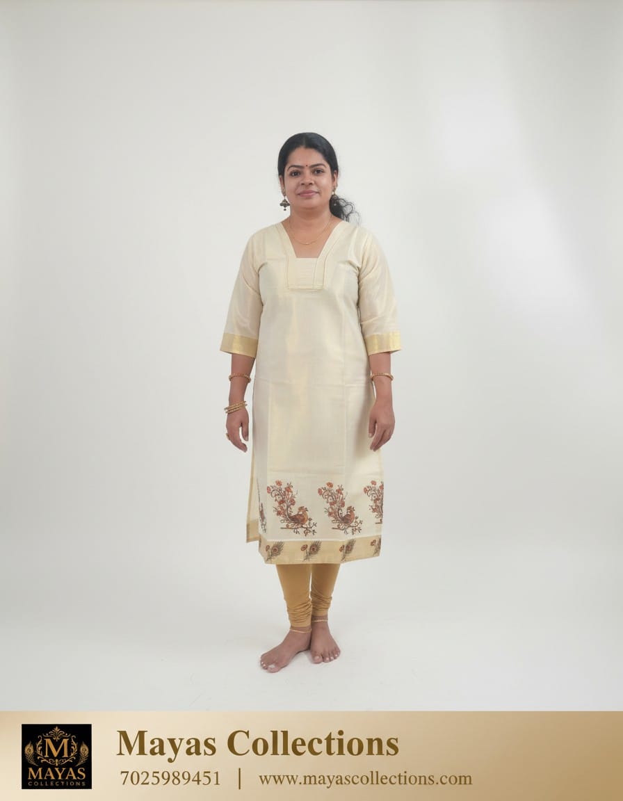 Kerala Traditional Golden Mayil Print Kurthi Vishu Special